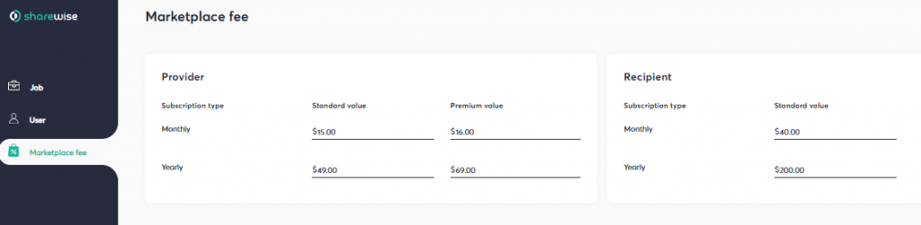 IHSSconnect marketplace fee screen in admin dashboard