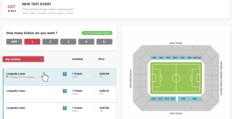 Hover effect that highlights different sections on the stadium map when a user hovers over one of the ticket listings. CobbleWeb UX improvement for FanPass marketplace.