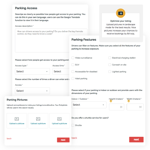 MobyParks's dynamic multi-step registration forms for parking space owners.