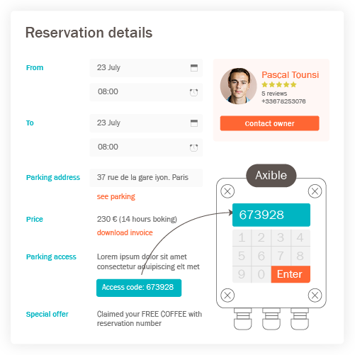 MonyPark uses autogenerated access codes via Axible.