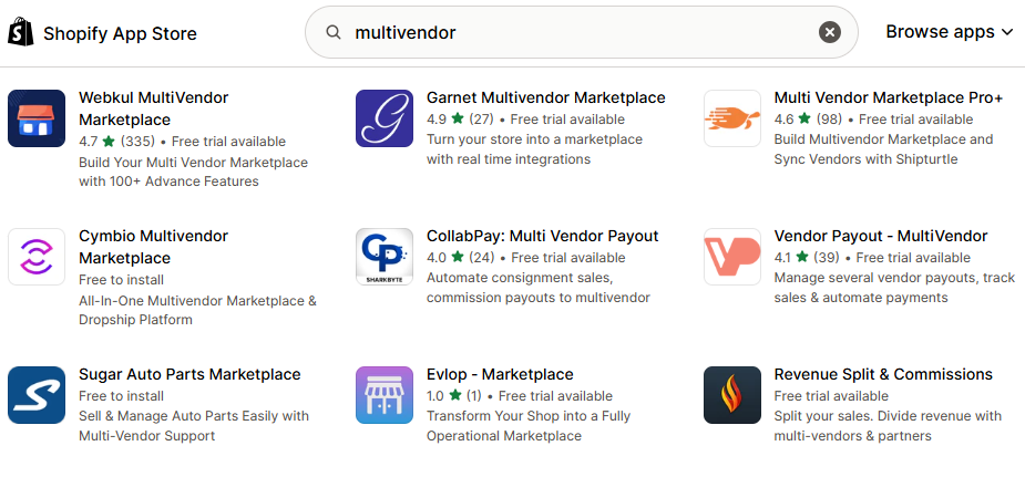A selection of multivendor plugins in the Shopify app store