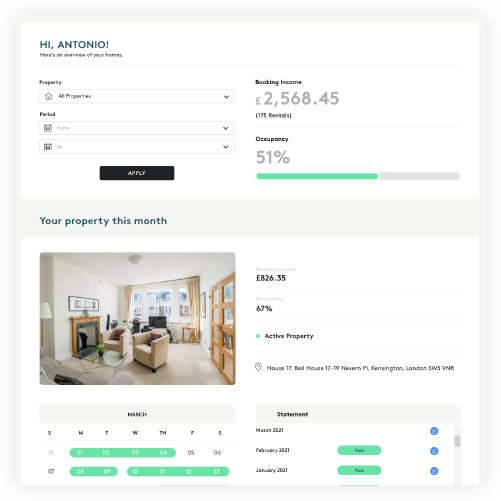 Nestify's landlord dashboard tracks revenue yield for each property. 